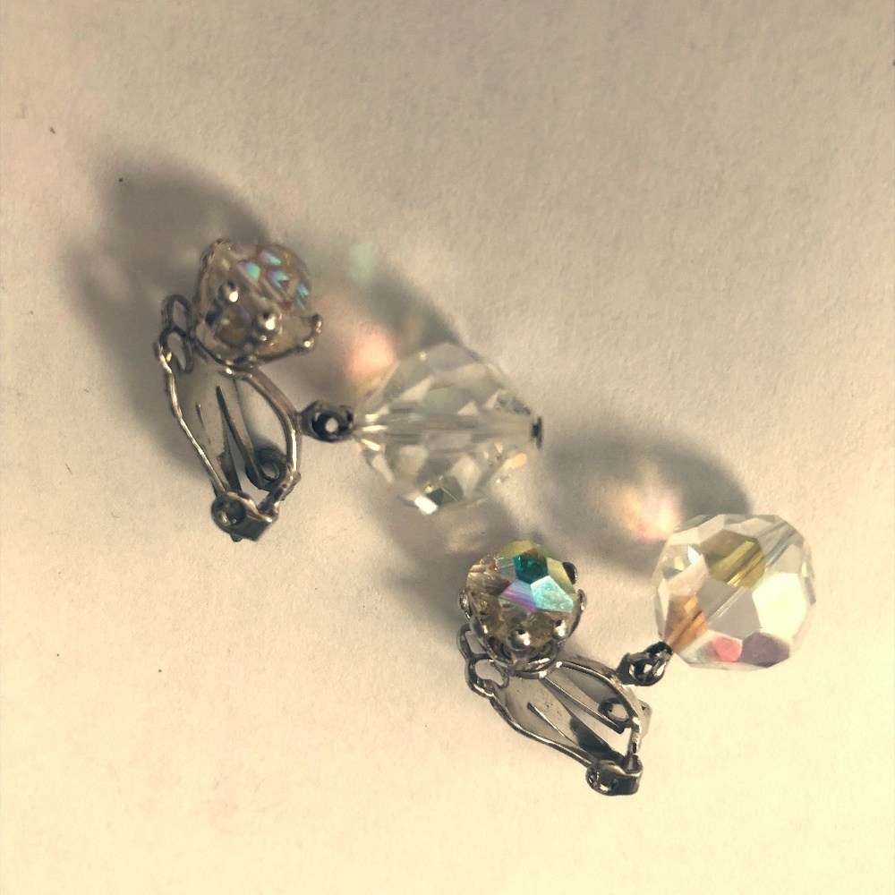 Vintage silver crystal drop clip-on earrings